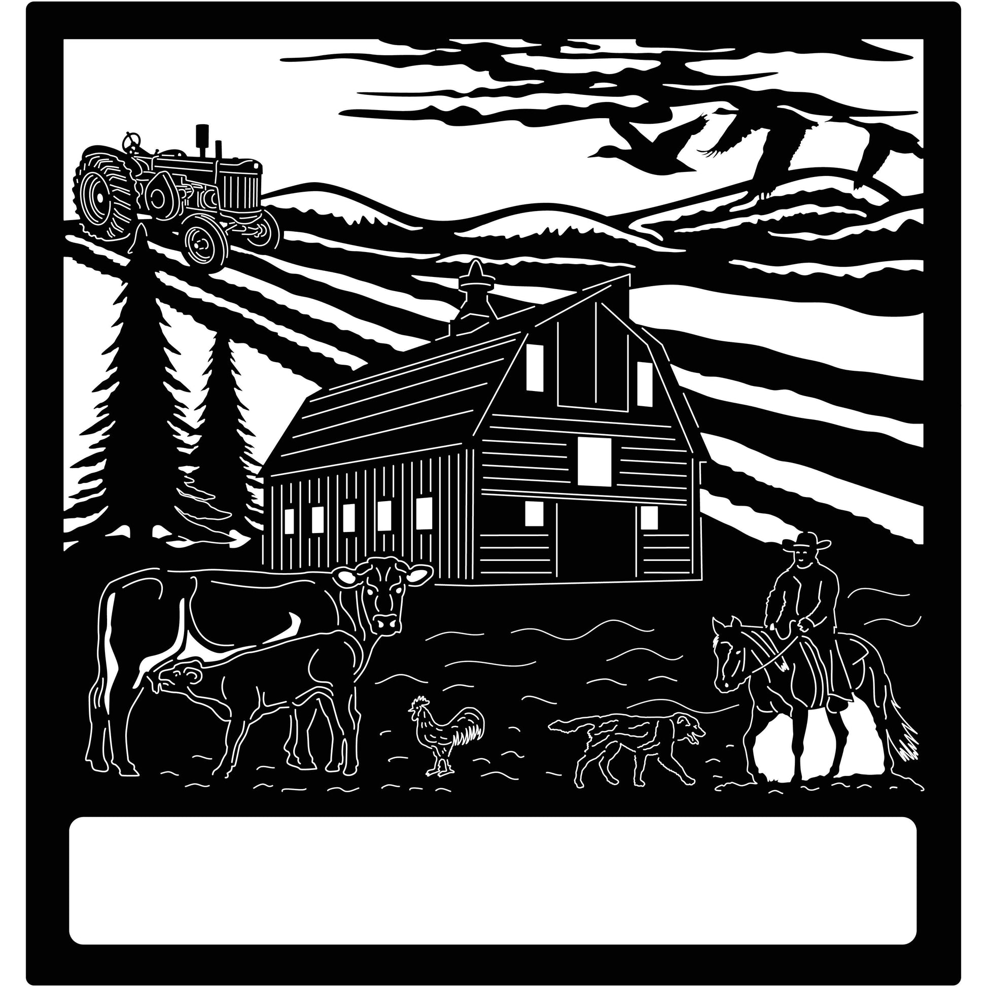 Barn, Field, Tractor, trees, Chicken, Dog, Cows and Cowboy scene, Custom