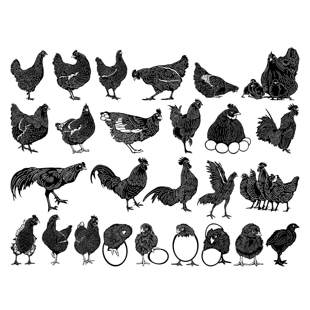 Chickens and Rooster-DXF files Cut Ready for CNC-DXFforCNC.com
