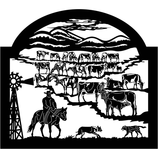 Farm Scene Cowboy, Cows Cattle, Dogs and Mountains-DXF files cut ready for cnc